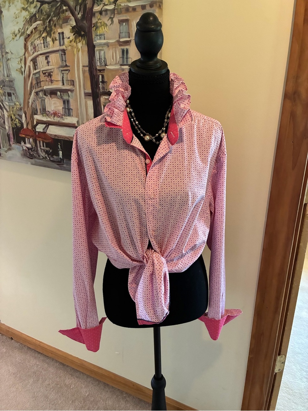 Pink Dot Tie-Front Button-Down Shirt with Ruffle Collar